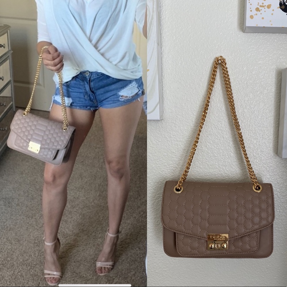 BeBe Nude Gold Chain Handbag Purse Flap Style